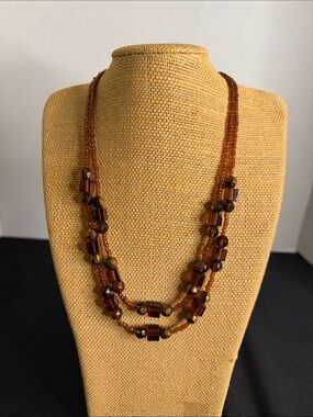 EsMor Necklace - Handcrafted Brown Multi-Strand w/Amber-tone Glass Beads
